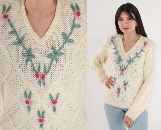 90s Cream Cable Knit Sweater V-Neck Floral Embroidered Pullover Medium