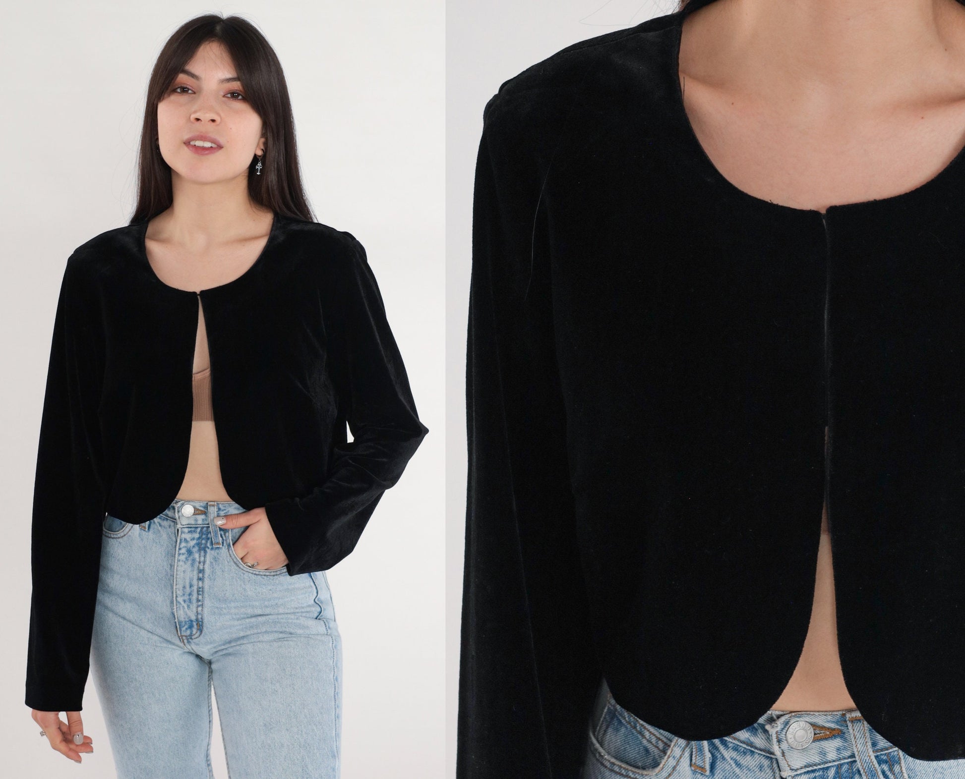 80s Black Velvet Blazer Open Front Single Hook Tailored Small