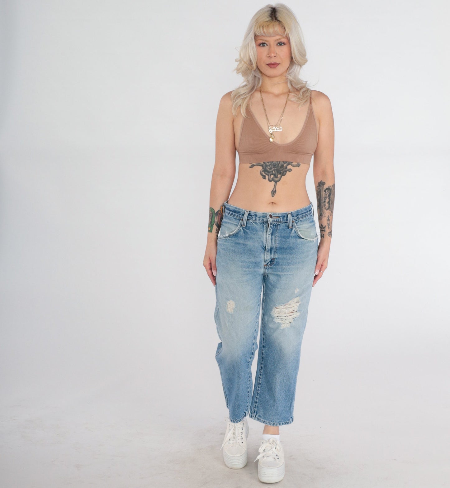 90s Rustler Ripped Blue Denim Jeans Mid Rise Straight Ankle Large