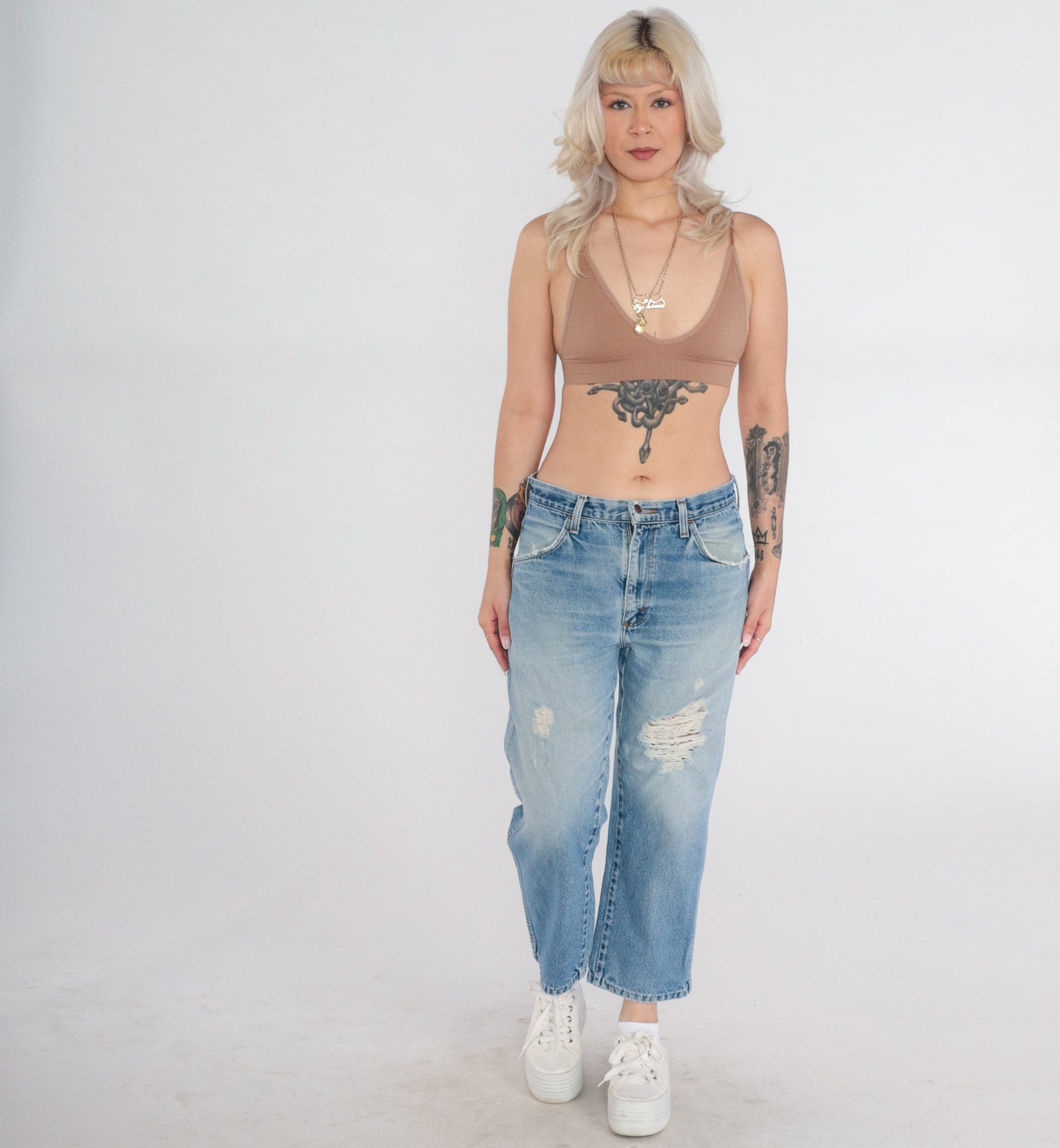 90s Rustler Ripped Blue Denim Jeans Mid Rise Straight Ankle Large