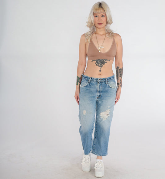 90s Rustler Ripped Blue Denim Jeans Mid Rise Straight Ankle Large