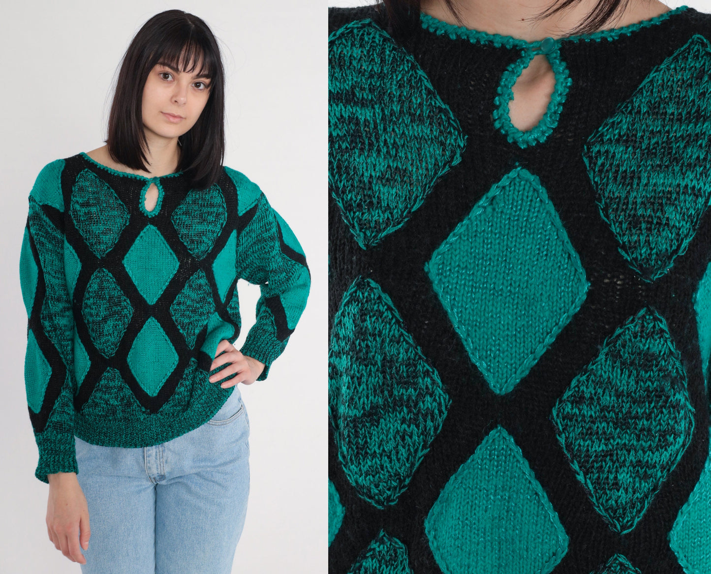 80s Diamond Sweater Black Green Keyhole Cutout Wool Blend Pullover Large
