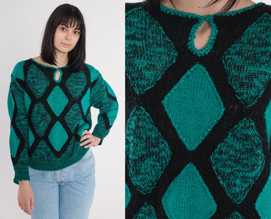 80s Diamond Sweater Black Green Keyhole Cutout Wool Blend Pullover Large