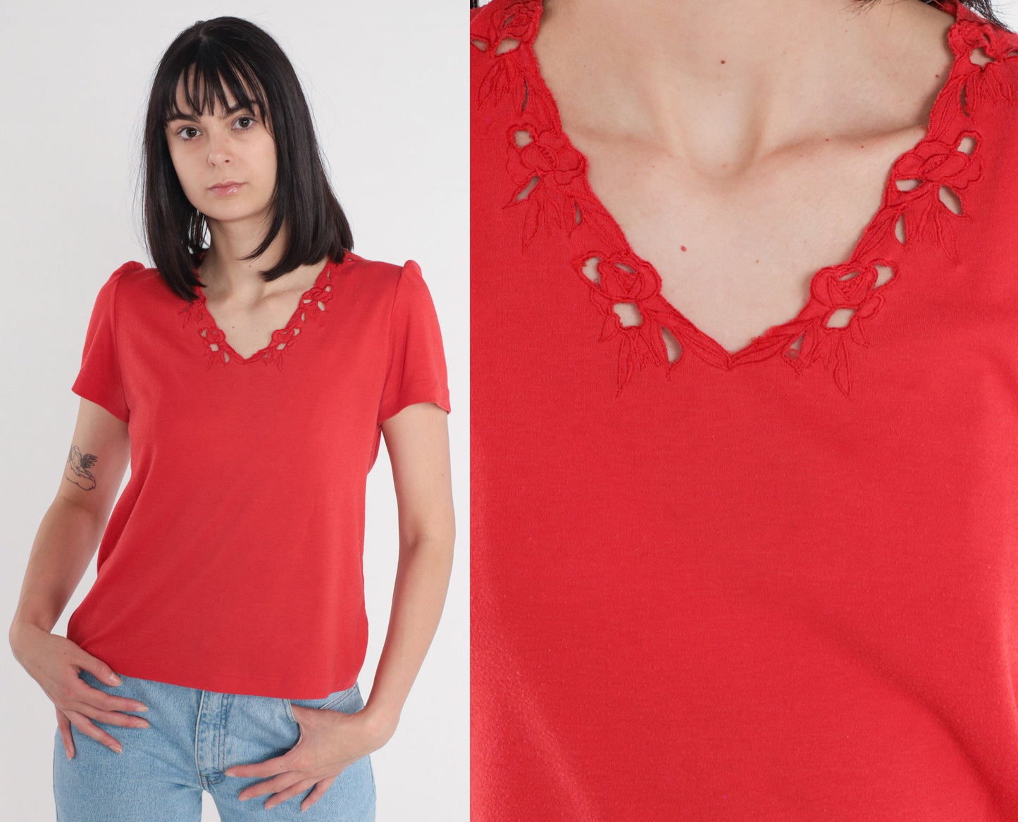 90s Red Floral Cutwork Blouse Puff Sleeve V-Neck Medium