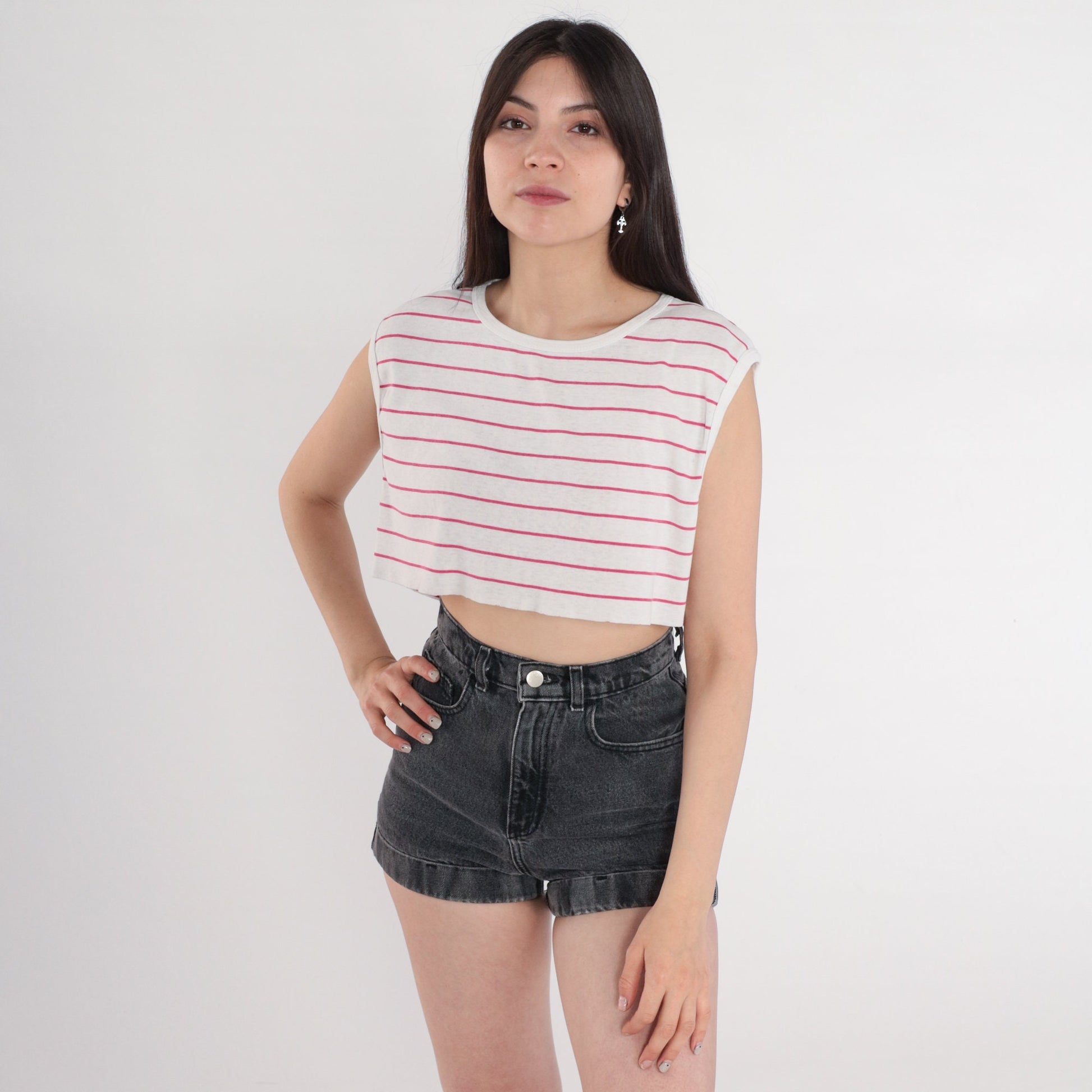 80s Striped Crop Tank Top White Pink Raw Hem Cutoff Small Medium