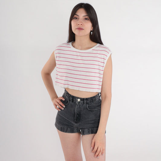 80s Striped Crop Tank Top White Pink Raw Hem Cutoff Small Medium