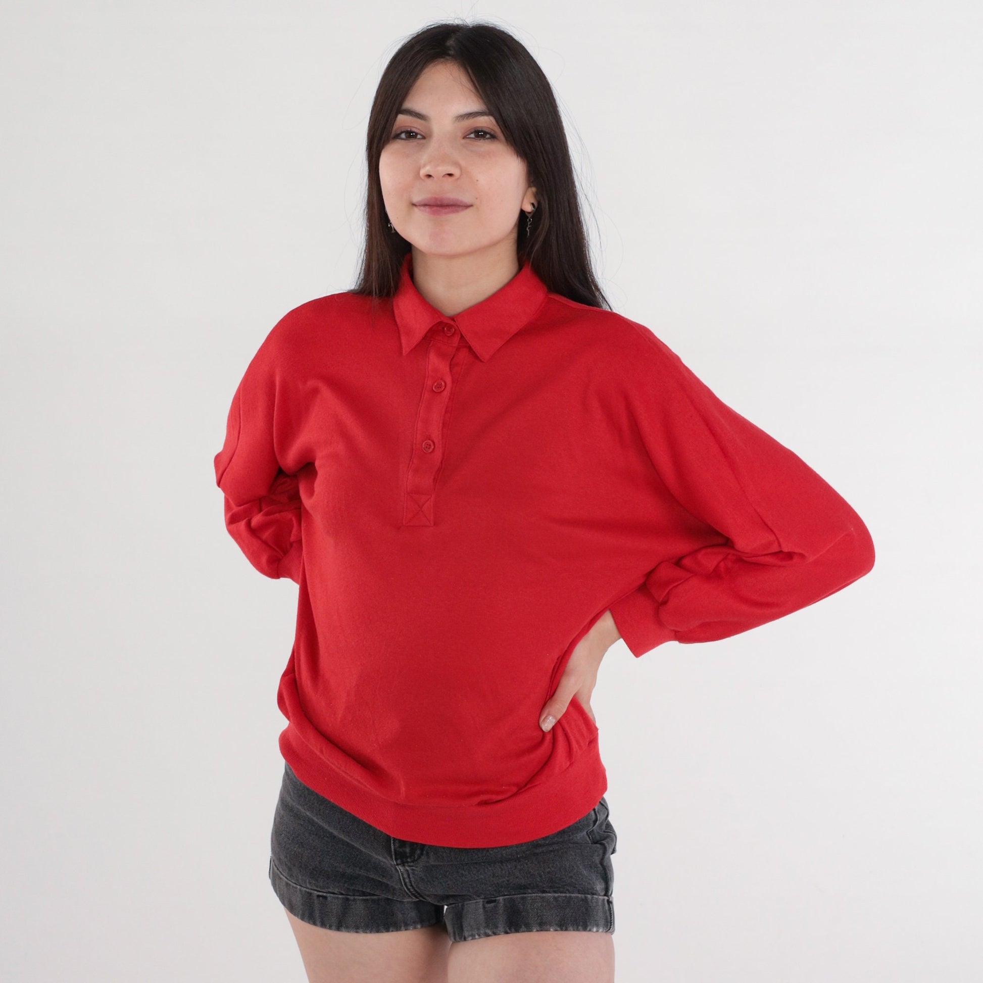 80s Red Long Sleeve Polo Shirt Plain Button-Up Crewneck Medium