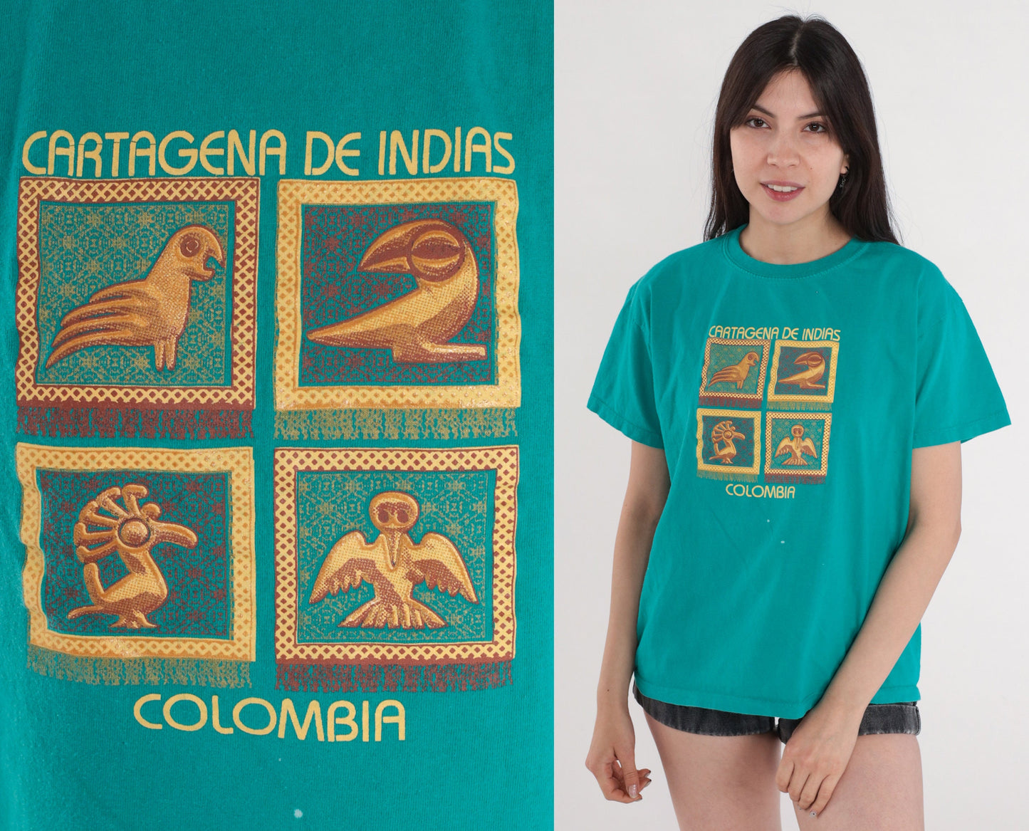 00s Cartagena Colombia Graphic T-Shirt Green Travel Tee Large