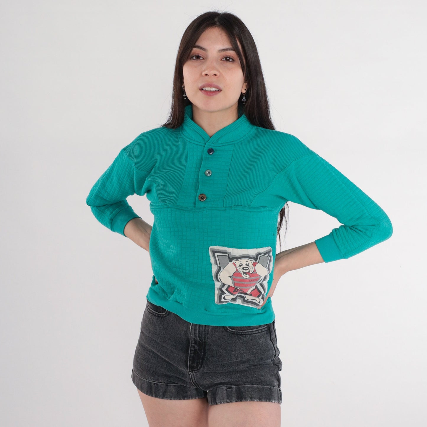 90s Bear Henley Sweatshirt Teal Quilted Quarter Button Pocket Pullover XXS
