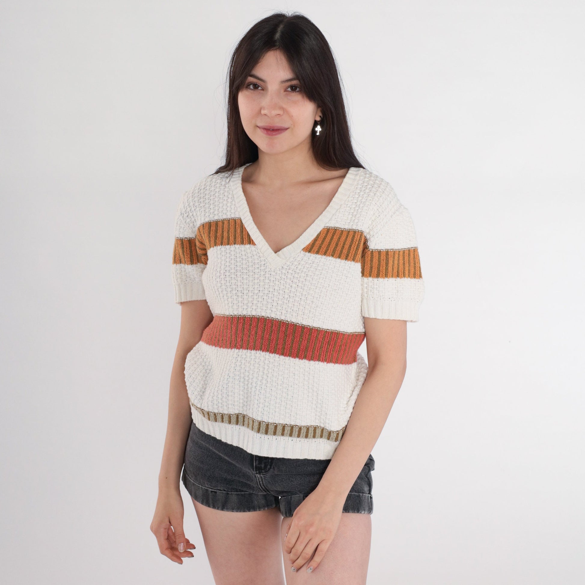 80s Striped V-Neck Knit Sweater Top White Red Orange Olive Small