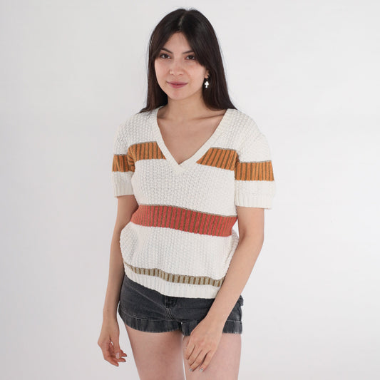 80s Striped V-Neck Knit Sweater Top White Red Orange Olive Small