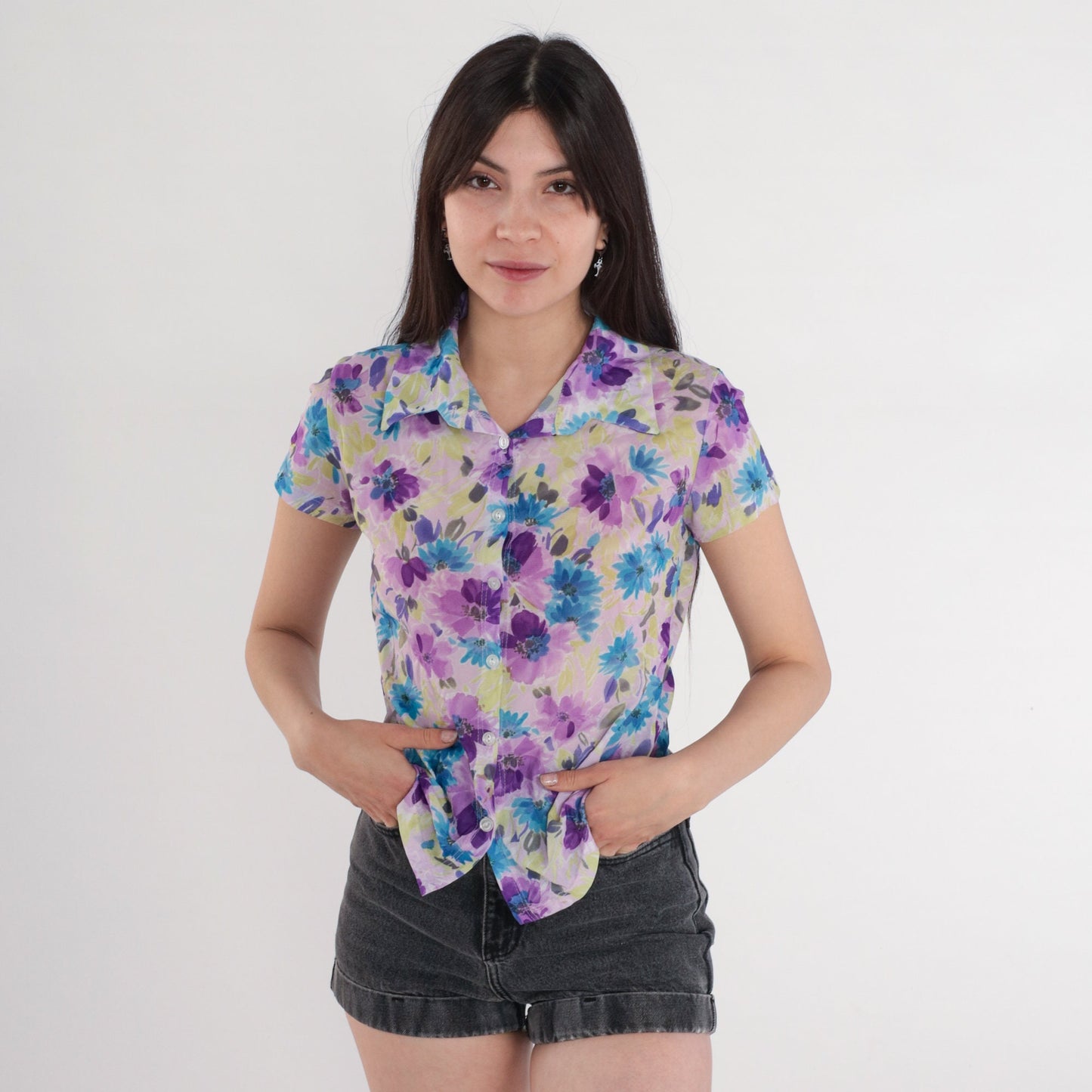 90s Floral Button Up Blouse Lavender Purple Watercolor Print Short Sleeve Small