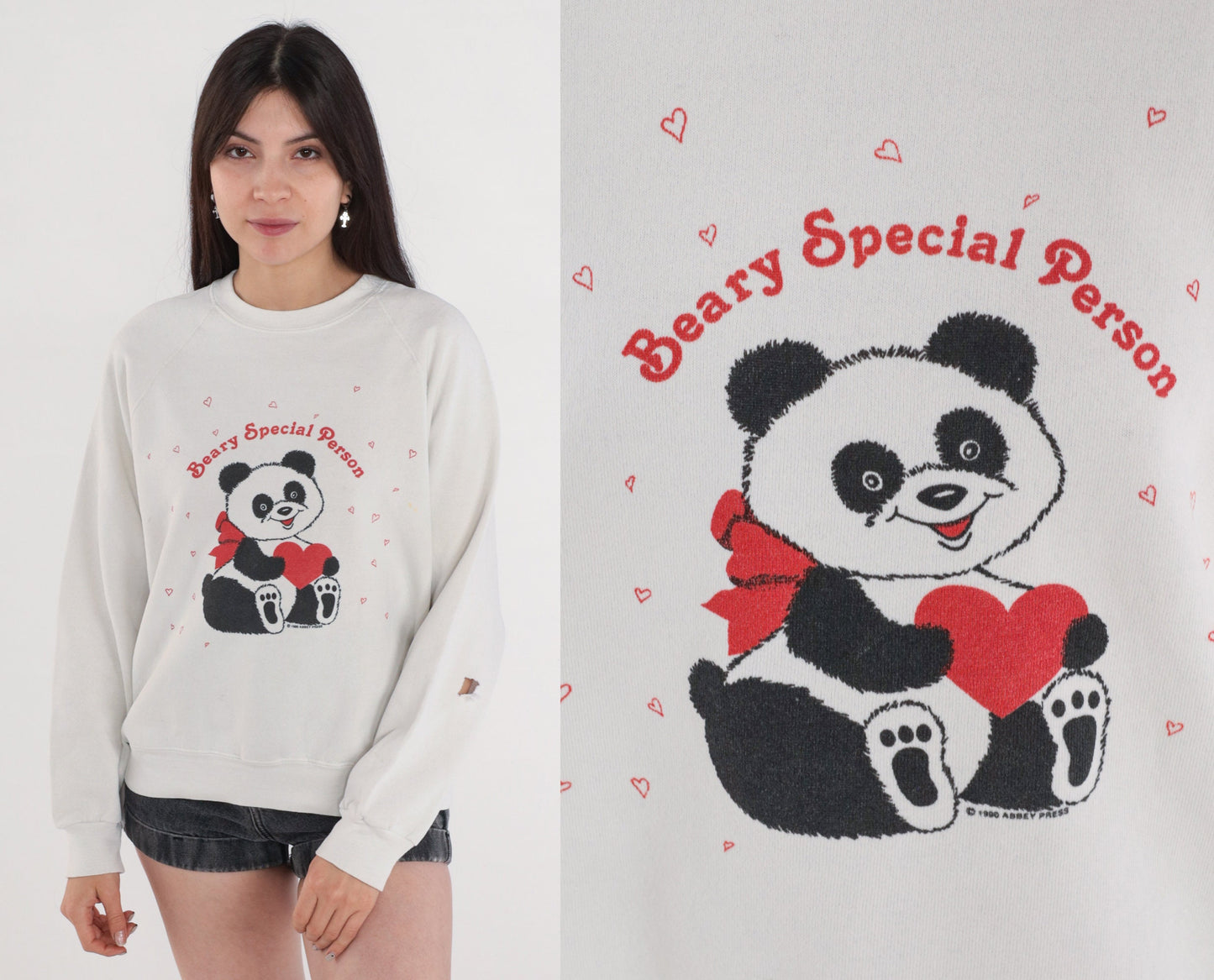 90s Panda Bear Heart Sweatshirt Lee Raglan Red White Medium