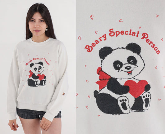 90s Panda Bear Heart Sweatshirt Lee Raglan Red White Medium