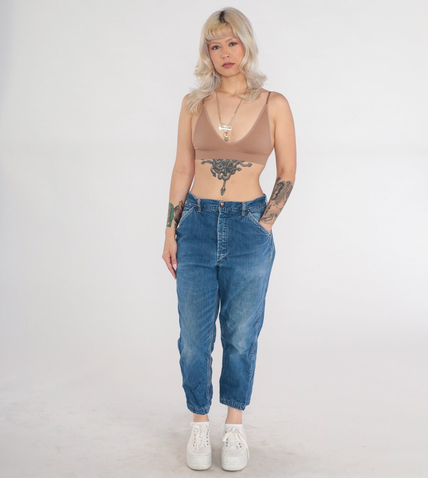 70s High Waist Tapered Ankle Jeans Blue Denim Elastic Cuff Medium M