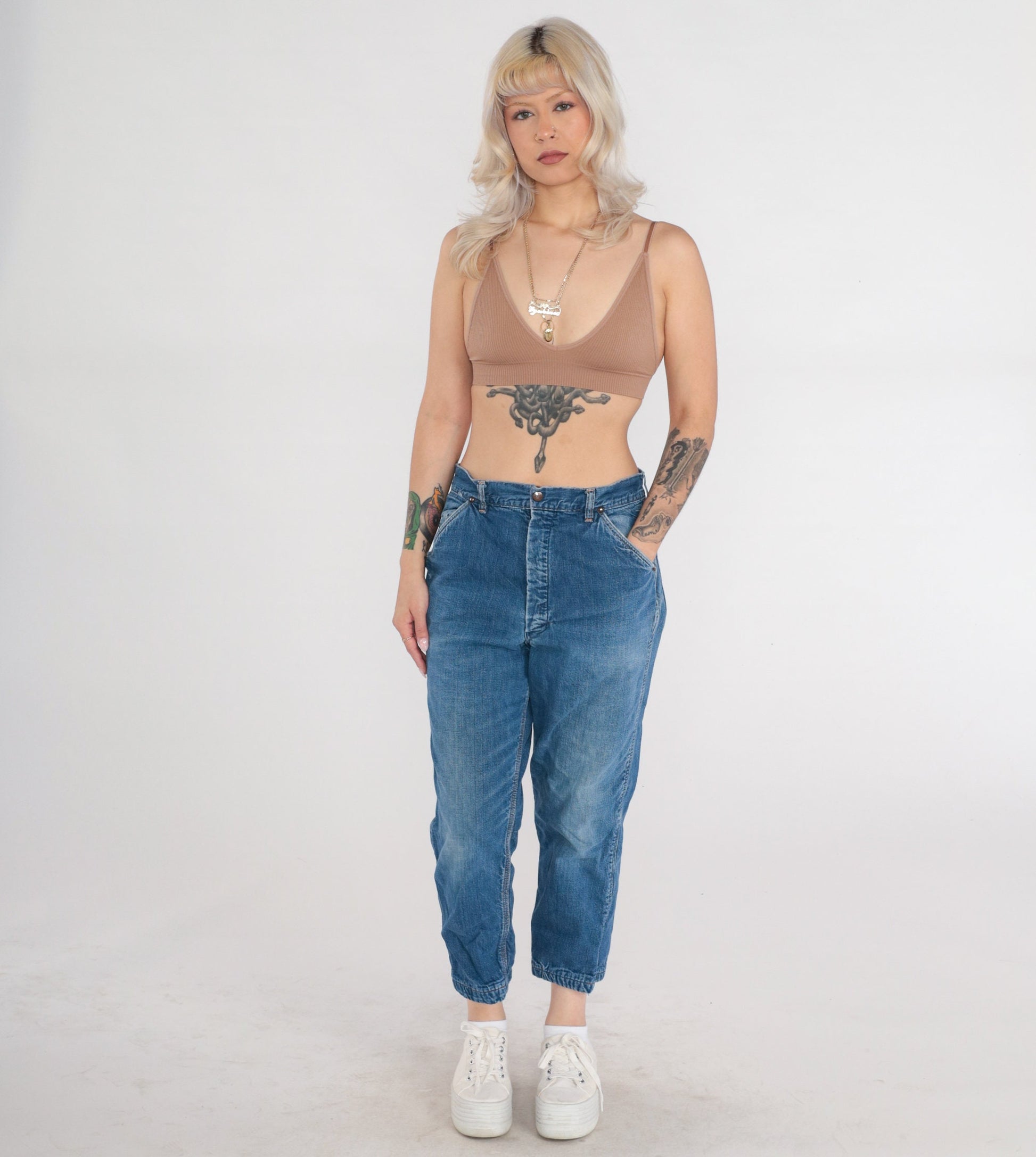 70s High Waist Tapered Ankle Jeans Blue Denim Elastic Cuff Medium M