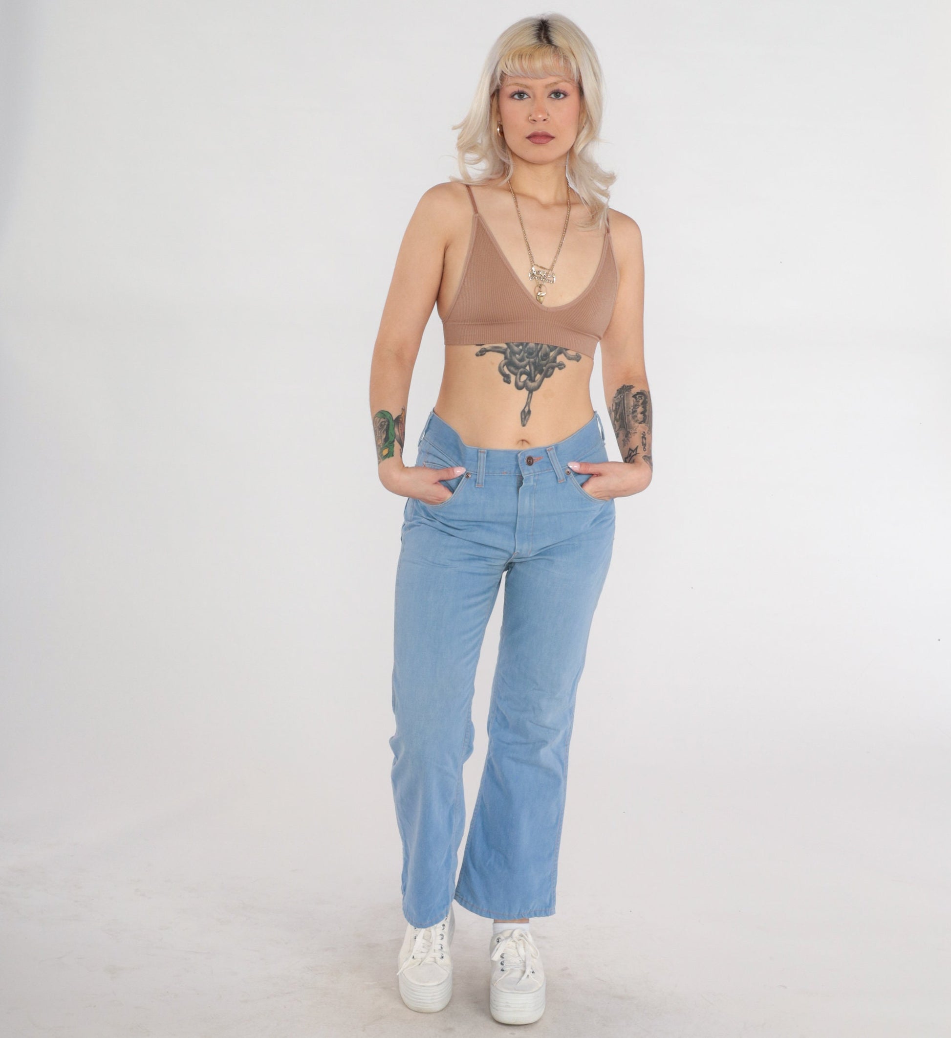 70s Blue Denim High-Rise Flared Bootcut Jeans Cotton Medium M