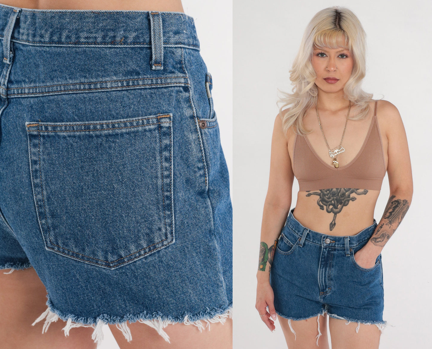 Y2K L.L.Bean Dark Wash Denim Cutoff Shorts High Rise Frayed Blue Medium
