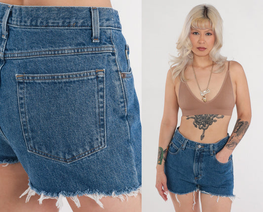 Y2K L.L.Bean Dark Wash Denim Cutoff Shorts High Rise Frayed Blue Medium