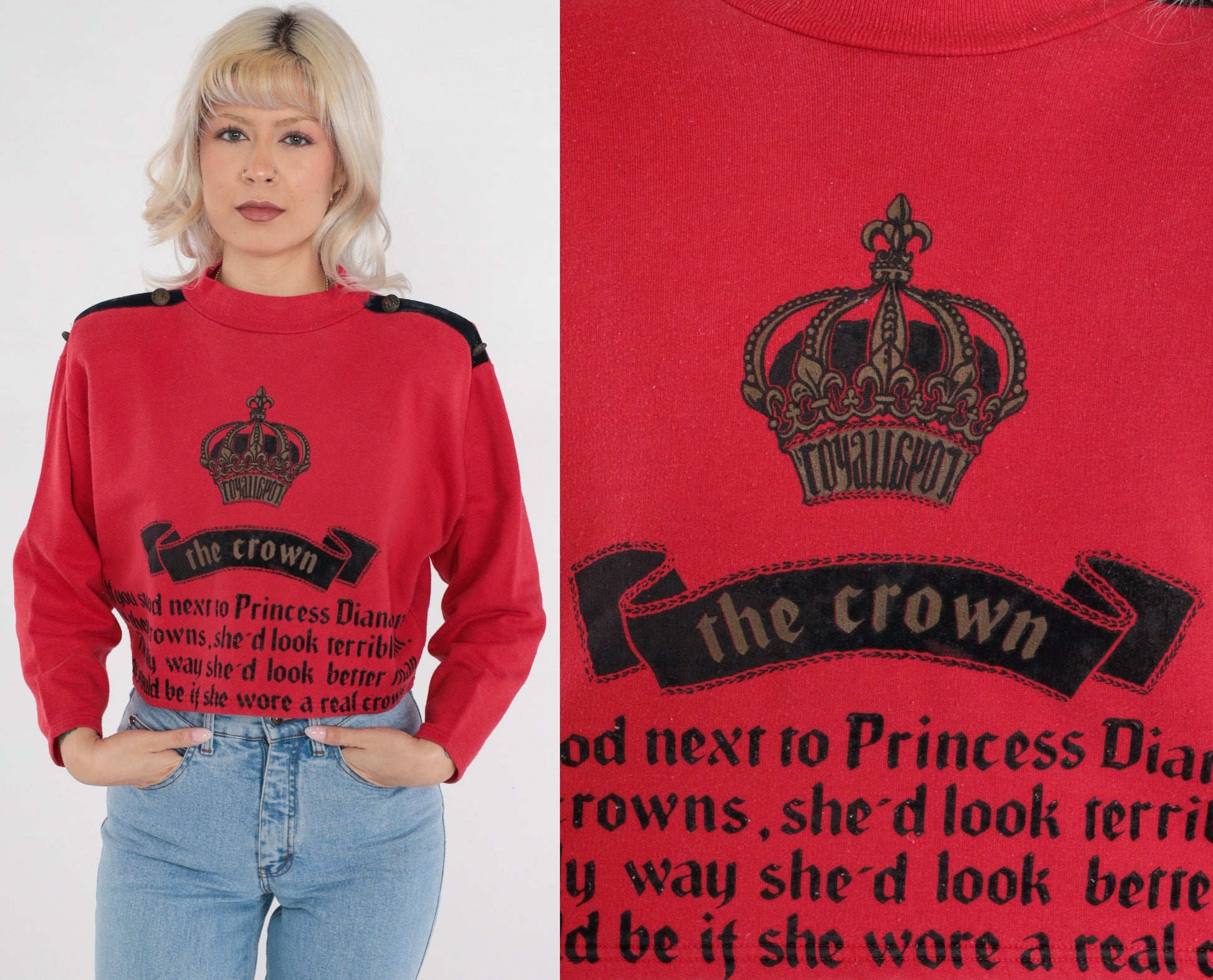 90s The Crown Princess Diana Graphic Crop Top Red Long Sleeve Medium