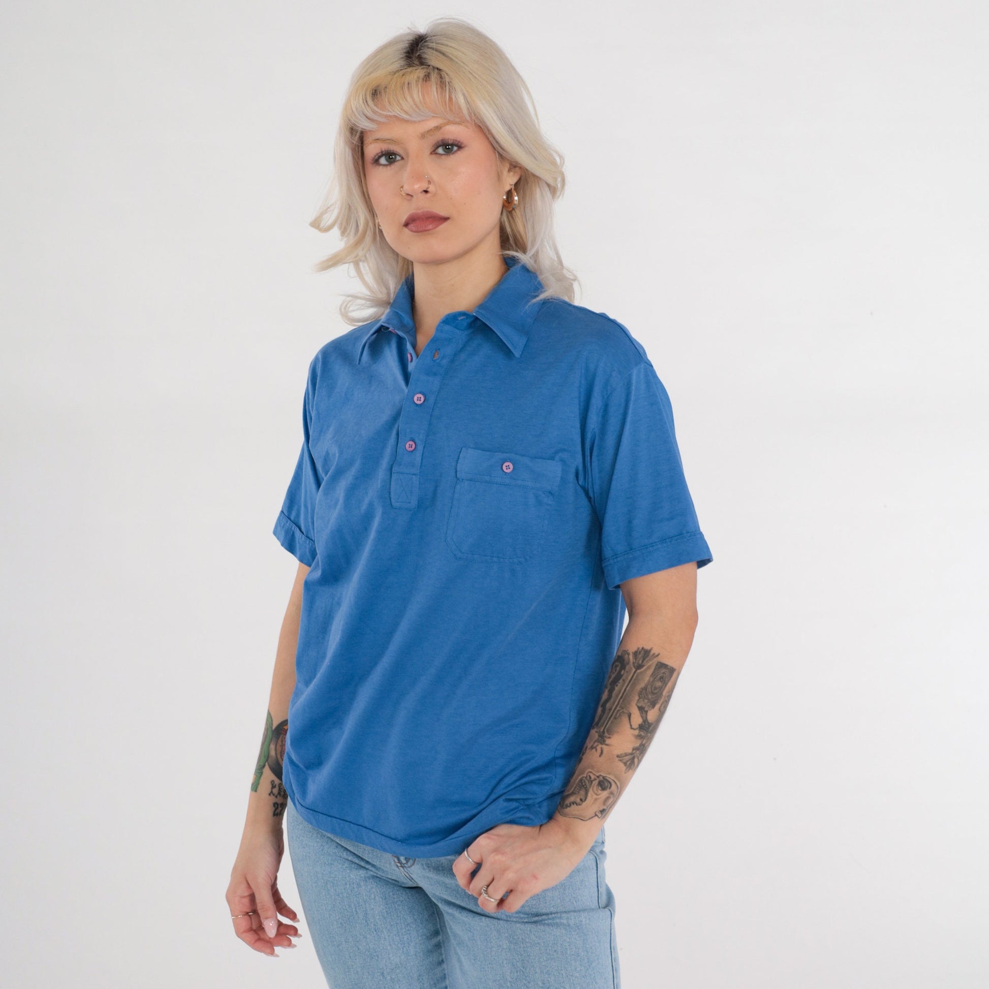80s Blue Polo Shirt Cotton Button-Up Short Sleeve Collared Medium