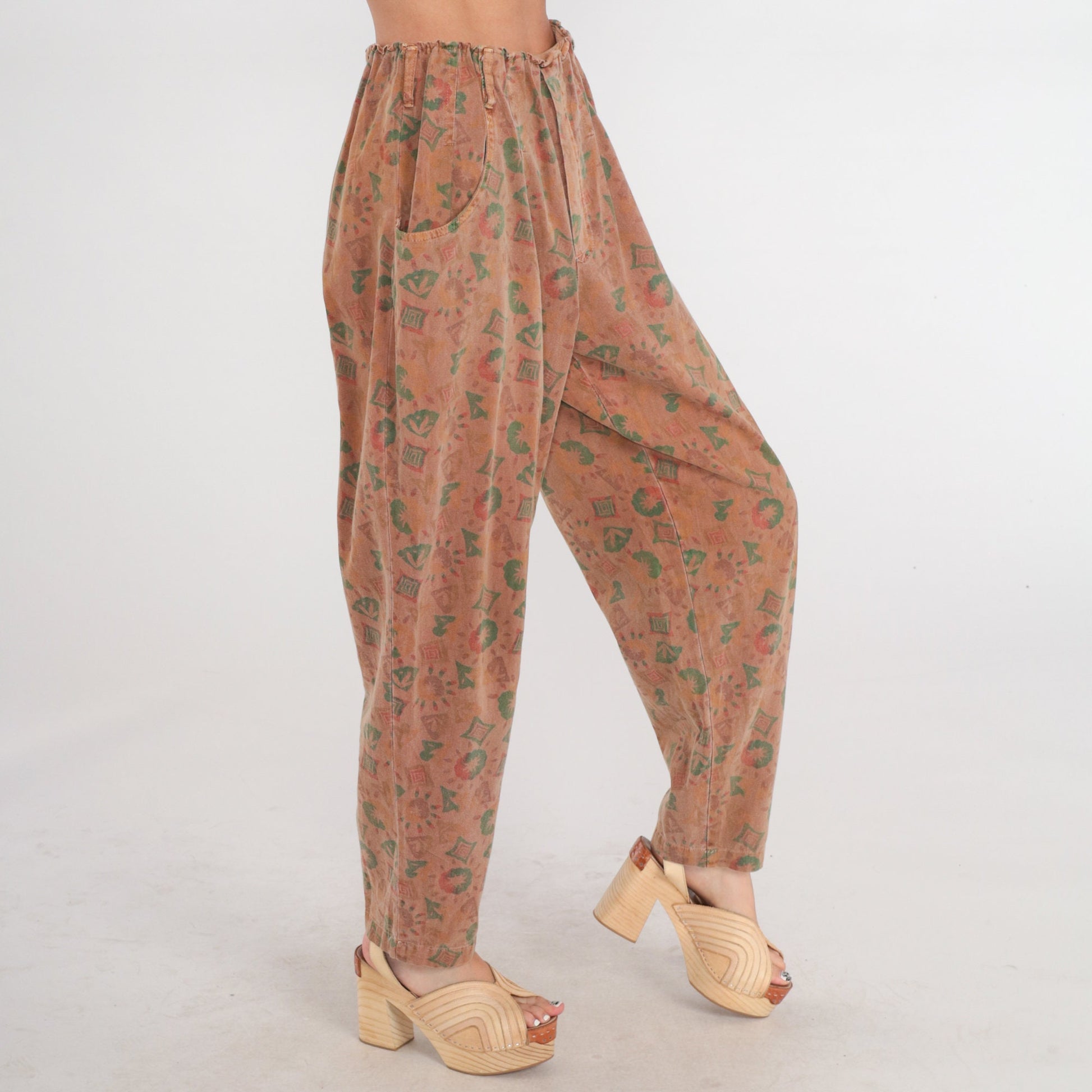 90s Parachute Pants Brown Geometric High Waist Baggy Tapered Small Medium