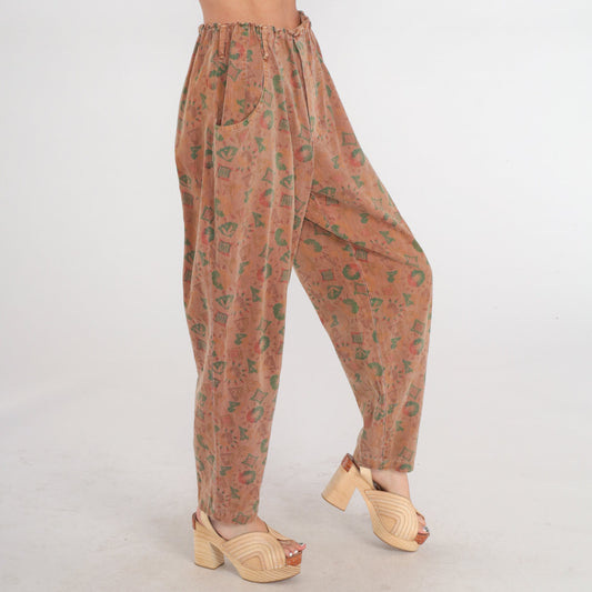 90s Parachute Pants Brown Geometric High Waist Baggy Tapered Small Medium