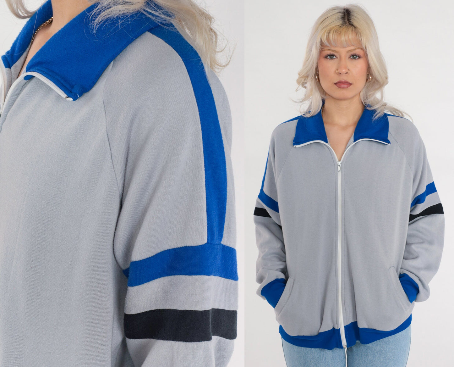 80s Grey Track Jacket Blue Black Striped Zip Up Sweatshirt Large