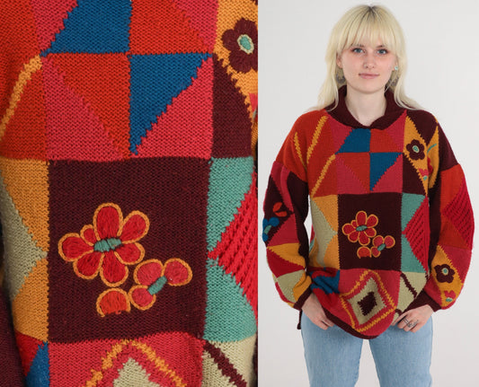 80s Geometric Floral Wool Blend Pullover Sweater Knit Red Green Orange Blue Medium Large