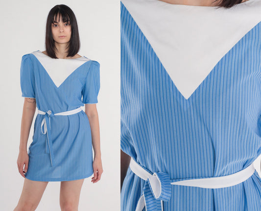 80s Blue Striped Mini Dress Puff Sleeve White Bib Tie Belt Medium
