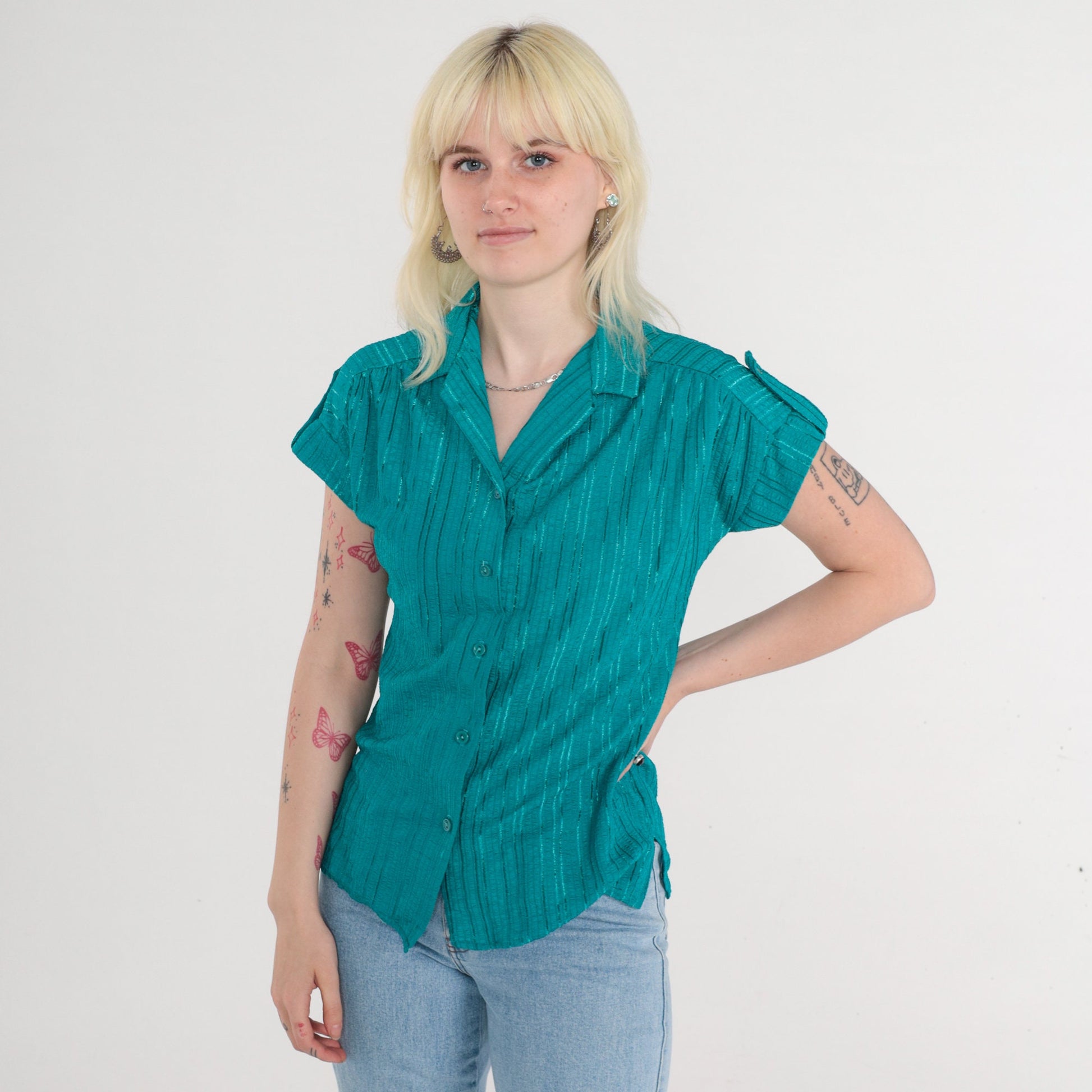 80s Teal Green Striped Button-Up Blouse Cap Sleeves V-Neck Small