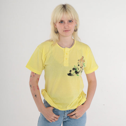 80s Panda Graphic Henley T-Shirt Yellow Cotton Painted Animal Tee Small S