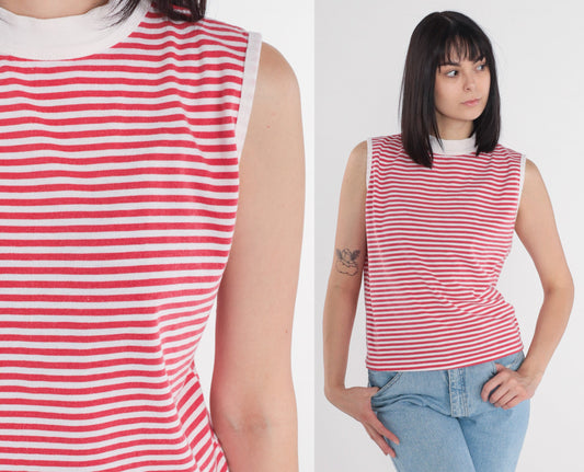 90s La Playa Striped Tank Top Mock Neck Ringer Tee Red White Large