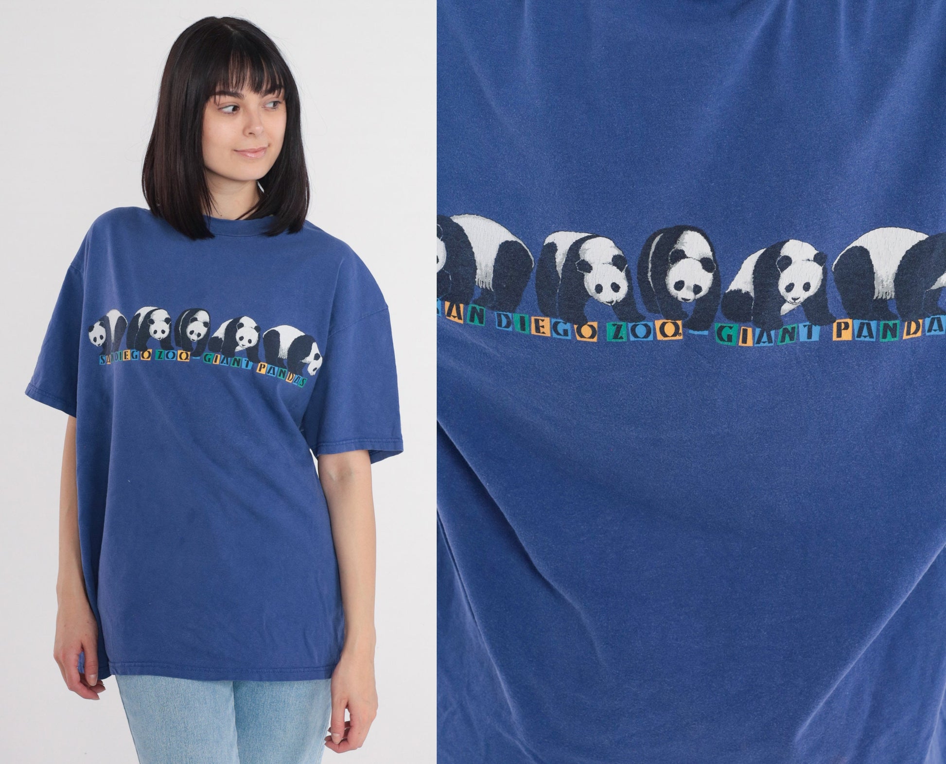90s San Diego Zoo Giant Panda Graphic T-Shirt Blue Front Back Print Extra Large