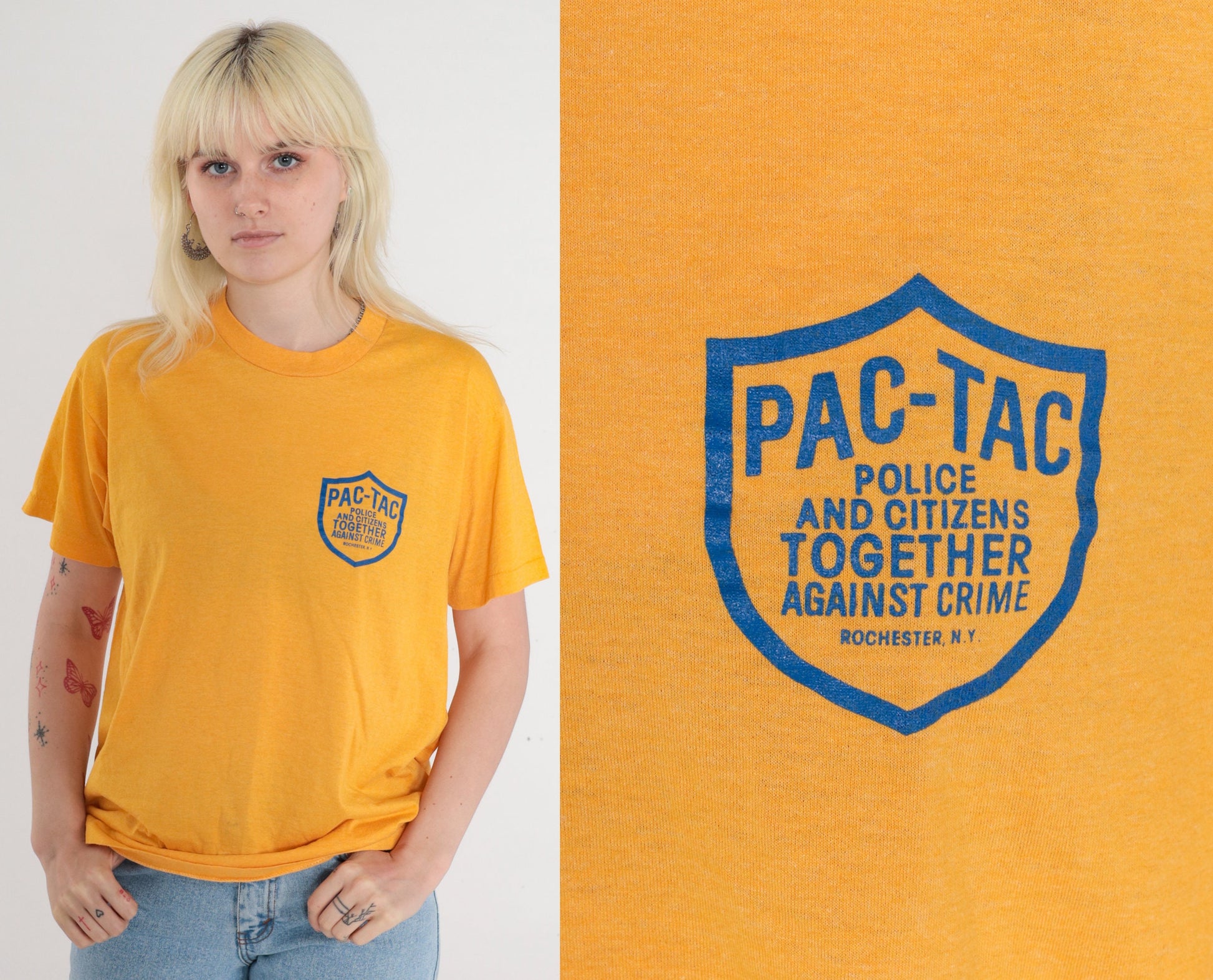 80s Rochester PAC-TAC Police Graphic T-Shirt Yellow Single Stitch Medium