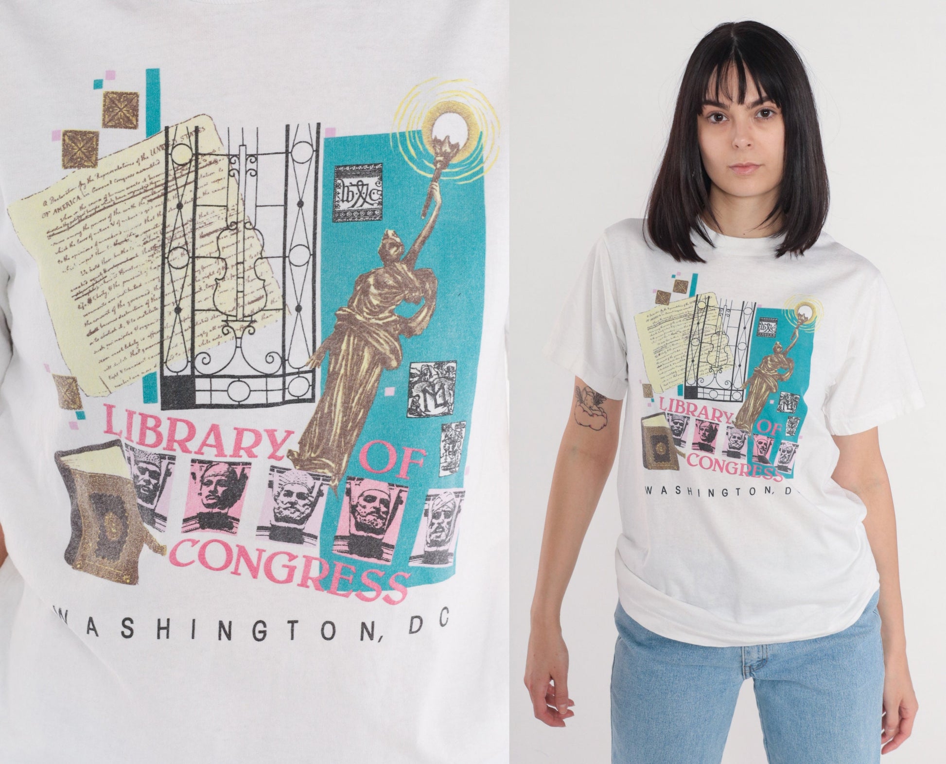90s Library of Congress Washington DC Graphic Tee White Cotton Medium M
