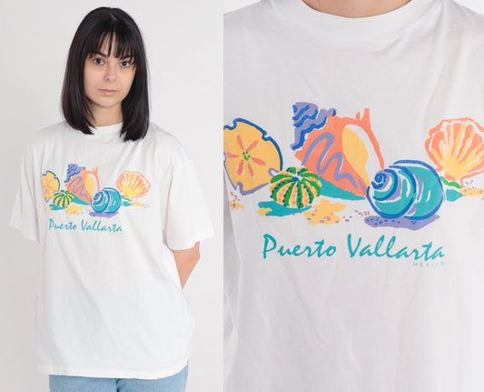 90s Puerto Vallarta Seashell Graphic T-Shirt White Single Stitch Extra Large