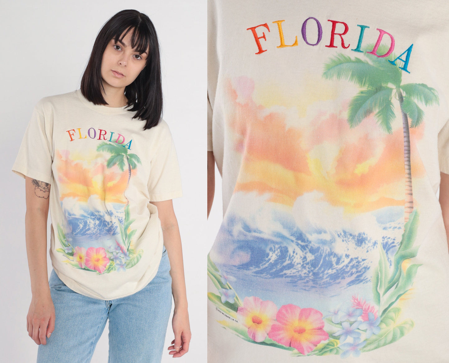 90s Florida Tropical Palm Tree Graphic T-Shirt Single Stitch Medium