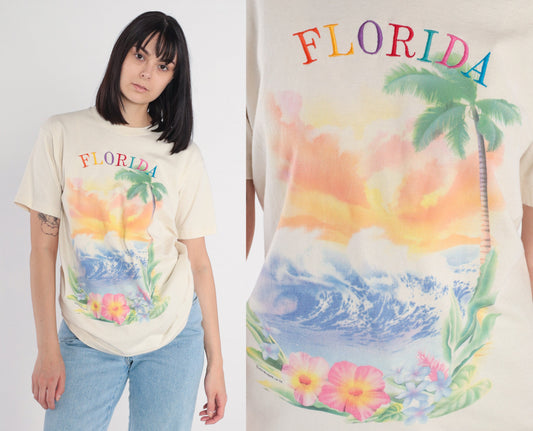 90s Florida Tropical Palm Tree Graphic T-Shirt Single Stitch Medium