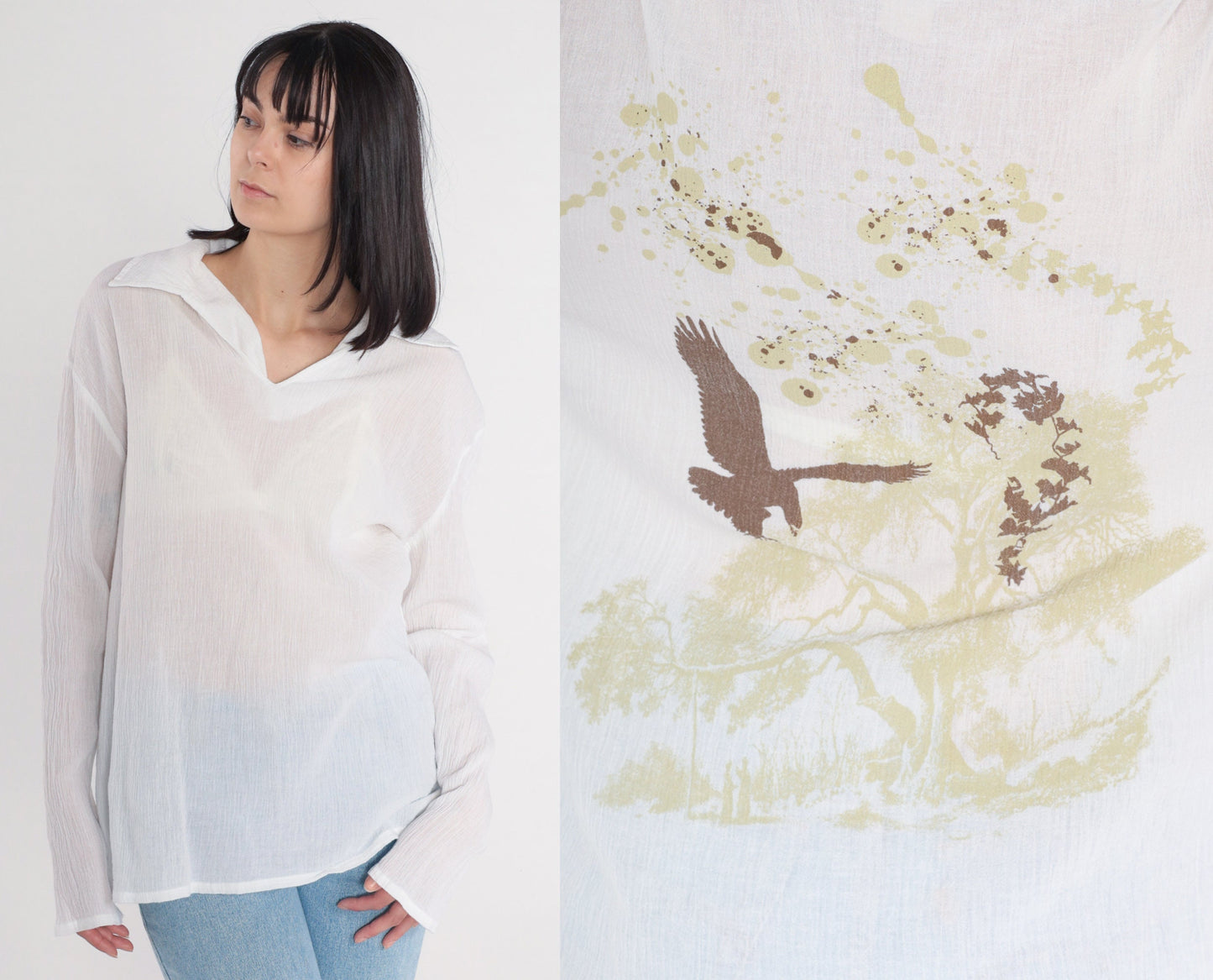 Y2K Bird Tree Print Blouse White Cotton Long Sleeve Collared V Neck Large L