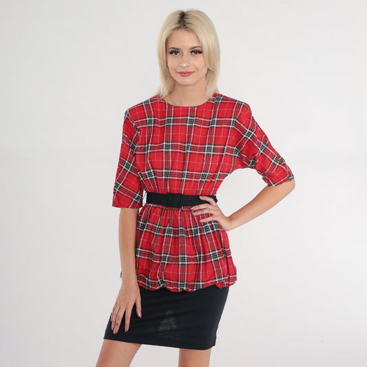 80s Bee Darlin Red Plaid Peplum Midi Dress Black Pencil Skirt Extra Small