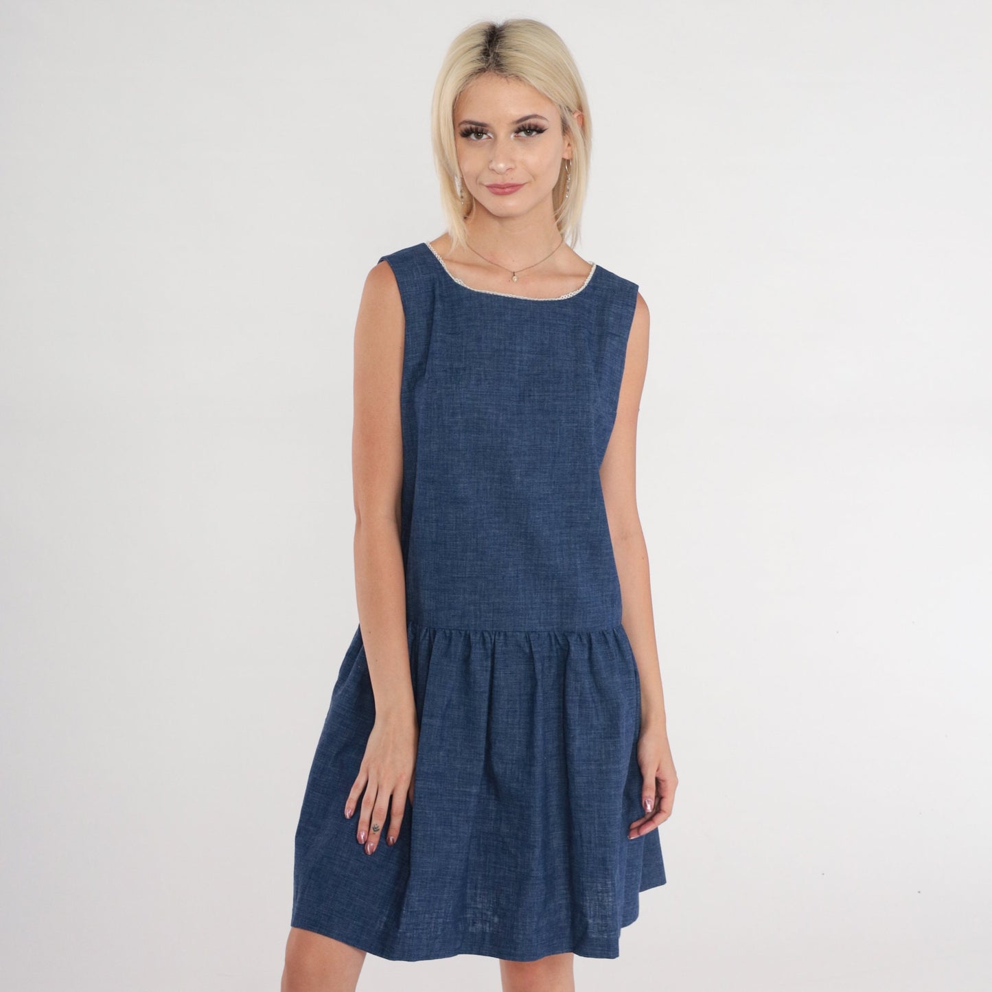 60s Mod Dark Blue Cotton Mini Shift Dress Drop Waist Sleeveless Extra Small