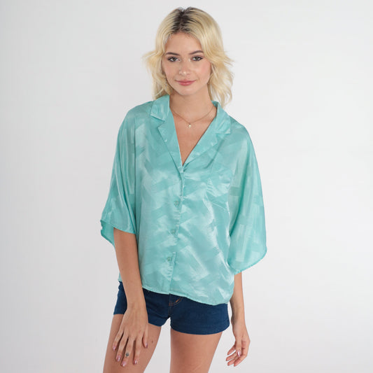 80s Seafoam Button-Up Blouse Shiny Embossed Collared Shirt Medium