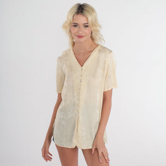 90s Cream Silk Blouse Floral Embossed V-Neck Button-Up Short Sleeve Small