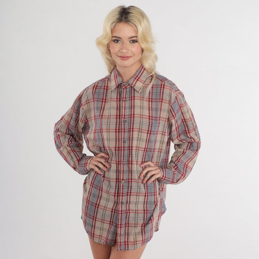 80s Tan Plaid Button-Up Shirt Long Sleeve Flannel Checkered Menswear Large