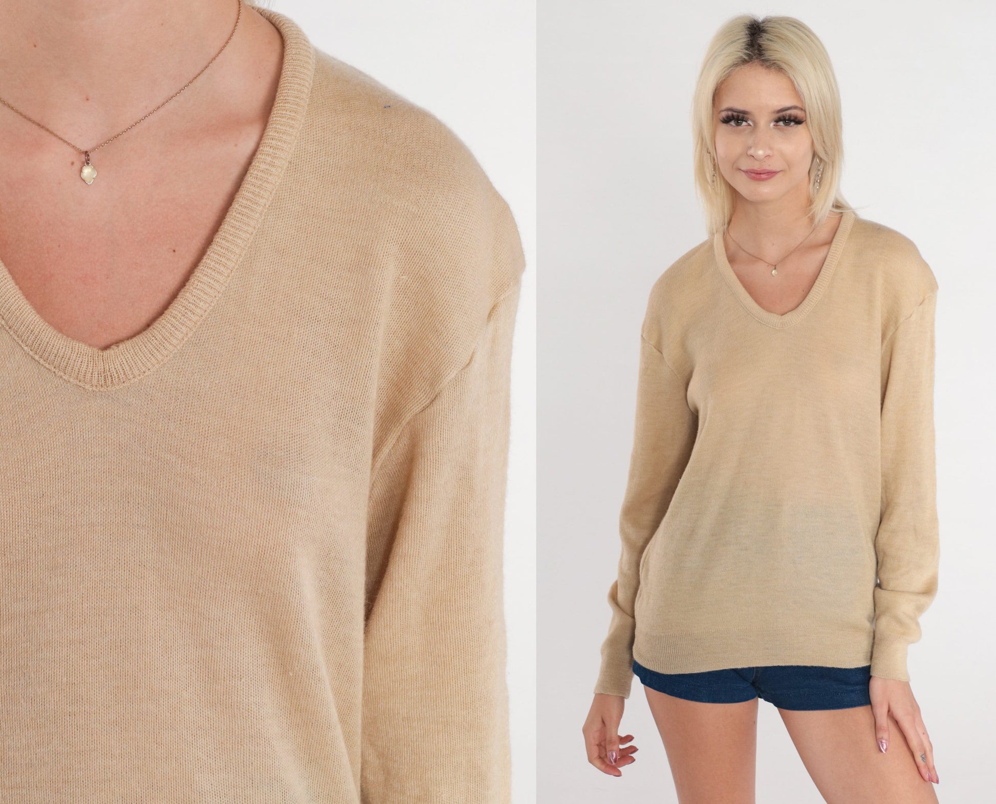70s Tan V-Neck Knit Sweater Slouchy Pullover Small S