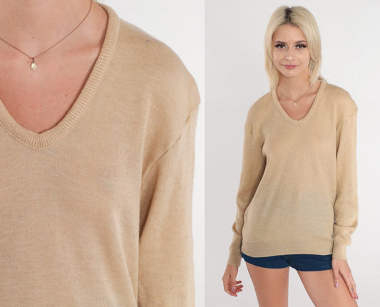 70s Tan V-Neck Knit Sweater Slouchy Pullover Small S