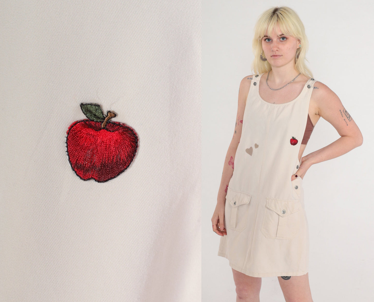 90s Beige Jumper Dress Heart Apple Print Sleeveless Mini Medium