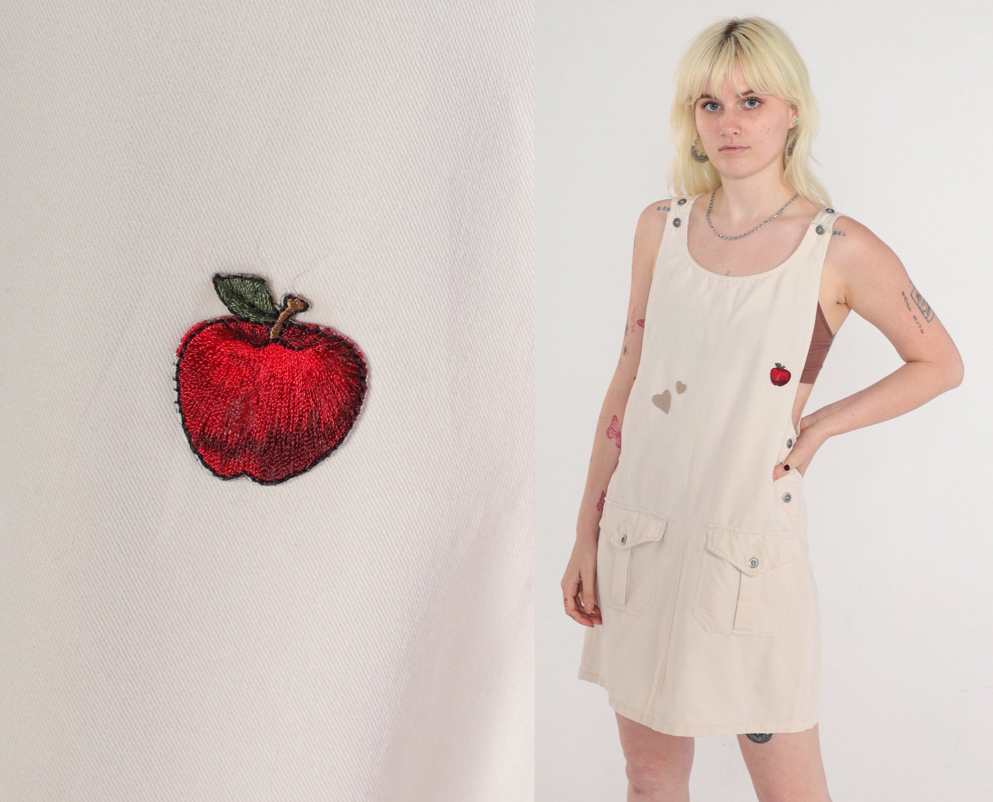 90s Beige Jumper Dress Heart Apple Print Sleeveless Mini Medium