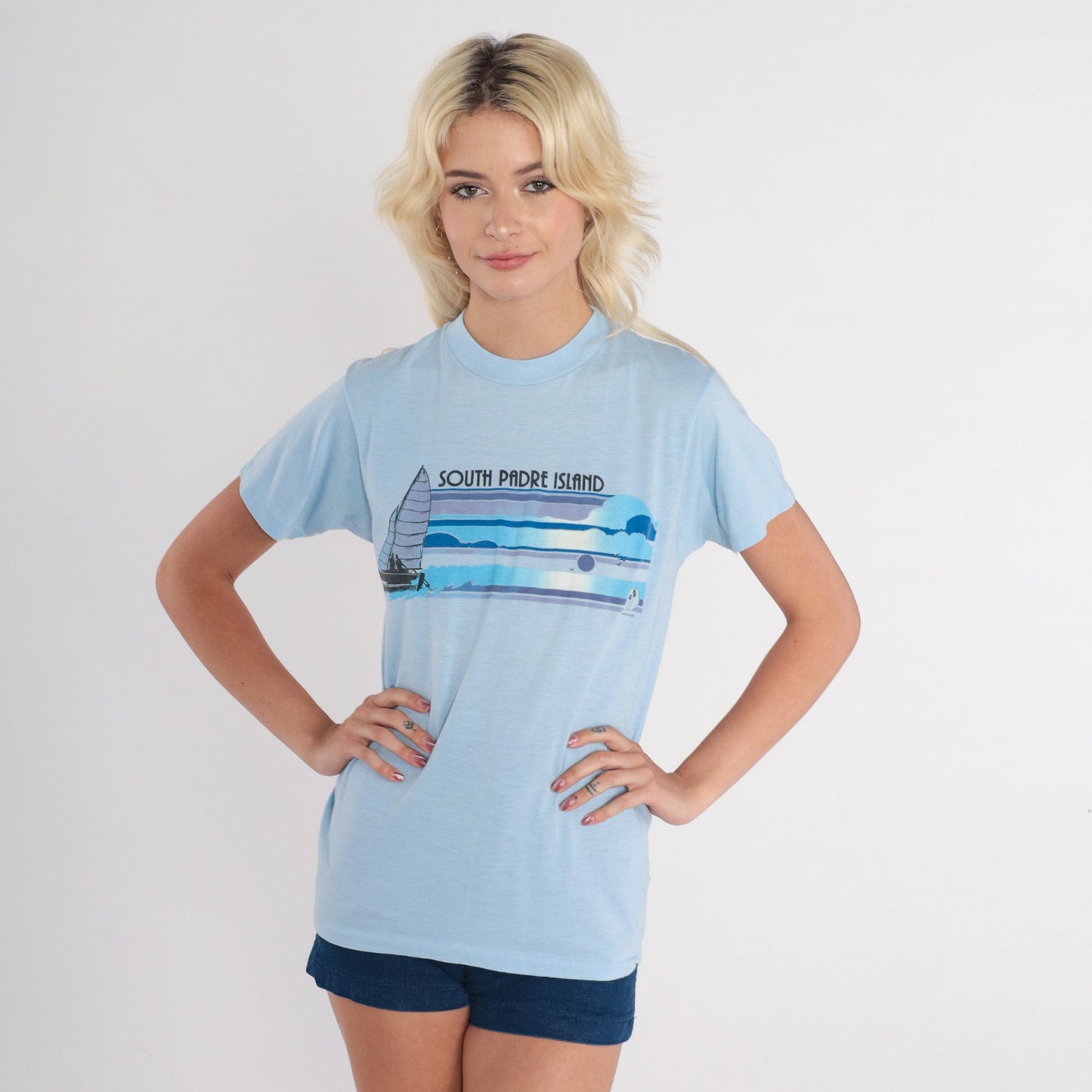 80s South Padre Island Sailboat Graphic T-Shirt Blue Single Stitch Medium